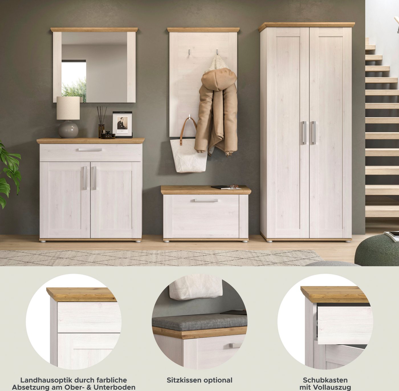 Home affaire Garderoben-Set COSENZA, Breite ca. 285 cm, 5-teilig, in Landhausoptik, (5-St., Garderobenschrank, Sitzbank, Garderobenpaneel, Schuhschrank, Spiegel – Bild 3 von 5