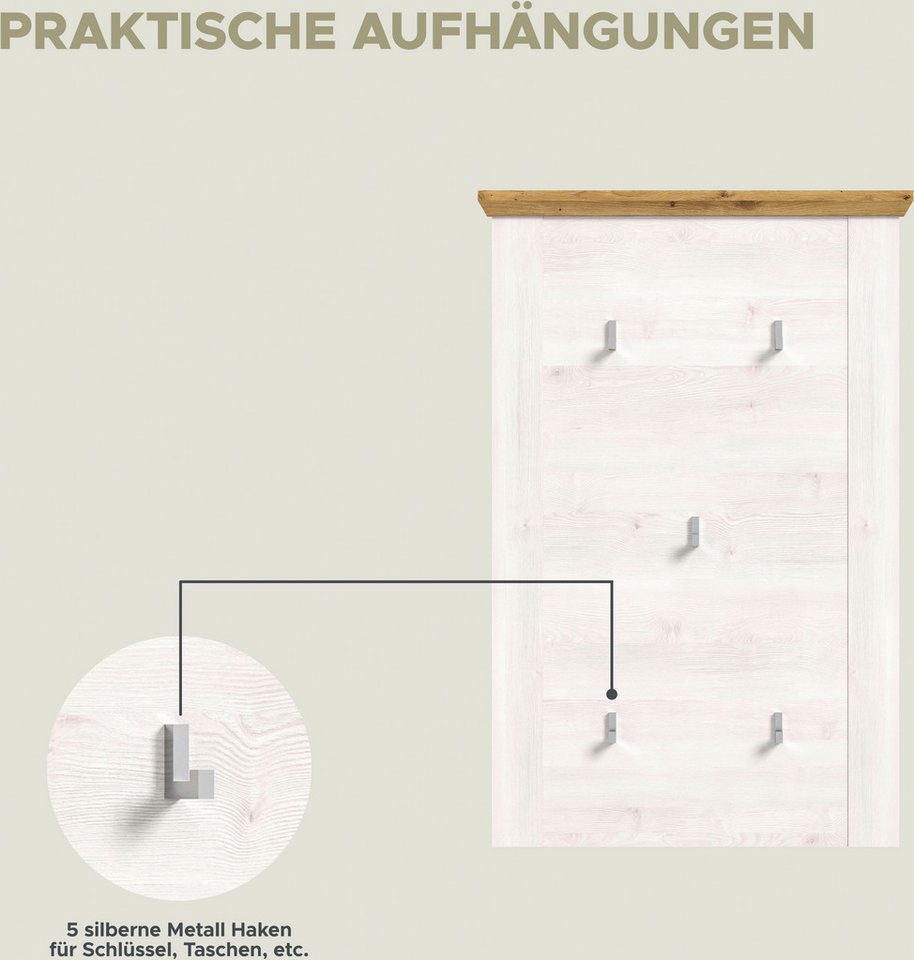 Home affaire Garderoben-Set COSENZA, Breite ca. 285 cm, 5-teilig, in Landhausoptik, (5-St., Garderobenschrank, Sitzbank, Garderobenpaneel, Schuhschrank, Spiegel – Bild 5 von 5