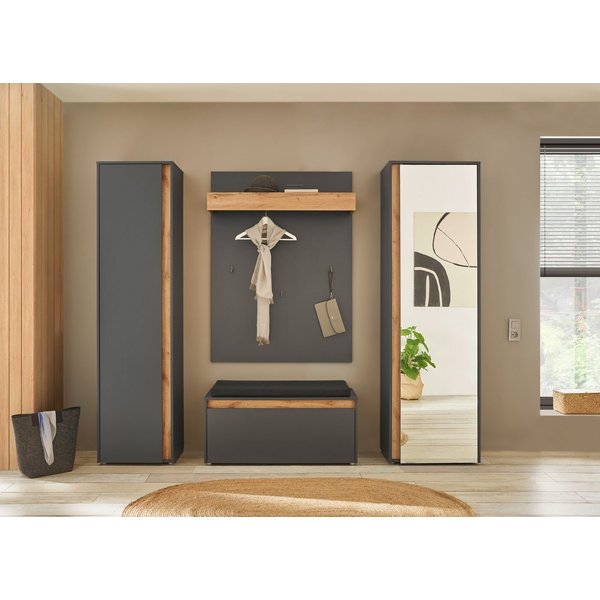 Home affaire Garderoben-Set GIRON/CiTY, moderne Garderobe, Komplettset mit viel Stauraum, (Komplett-Set, 4-St), enthält Garderobenschränke, Paneel & Schuhbank +