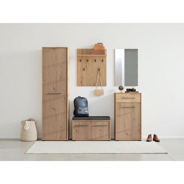 Home affaire Garderoben-Set Landes, Schrank, Schuhbank mit Kissen, Paneel, Spiegel und Kommode, (Komplett-Set, 5-St), Artisan Eiche,Front mit schwarzen Streifen
