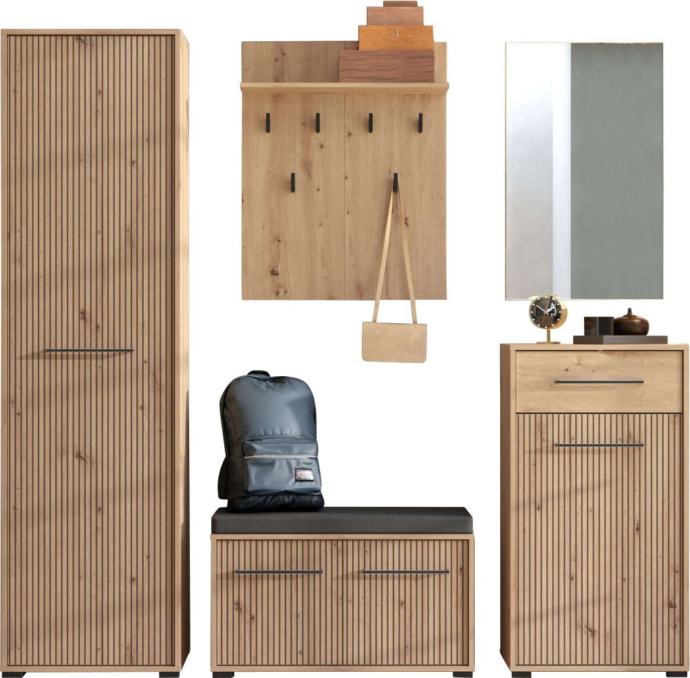 Home affaire Garderoben-Set Landes, Schrank, Schuhbank mit Kissen, Paneel, Spiegel und Kommode, (Komplett-Set, 5-St), Artisan Eiche,Front mit schwarzen Streifen – Bild 2 von 5
