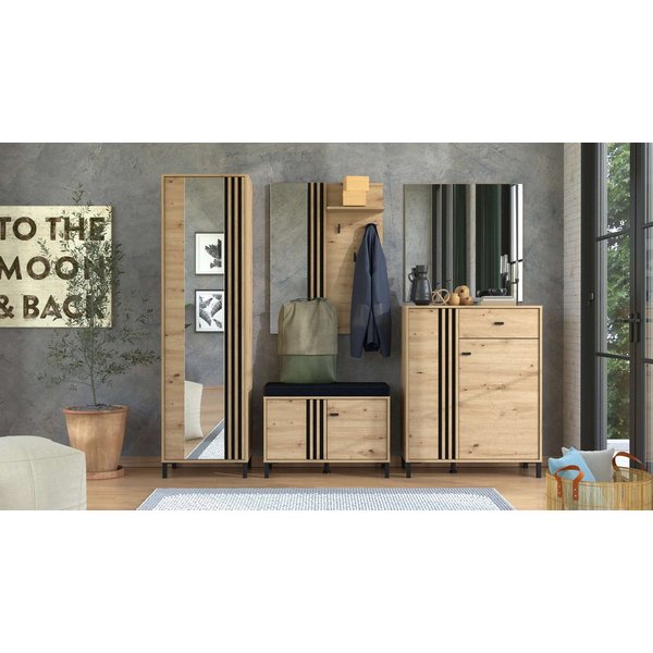 Home affaire Garderoben-Set LAVAL, Flurmöbel, Flurschrank, Flurgarderobe Breite 221 cm, (5-St), Inkl. 2 Schränken, Sitzbank, Garderobenpaneel und Wandspiegel