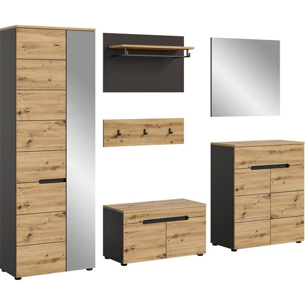 Home affaire Garderoben-Set Rehat, Garderobenkombination, Breite 255cm, (Set, 6-St., Garderobenschrank, Sitzbank, Paneel, Hakenleiste, Spiegel, Kommode), Garder