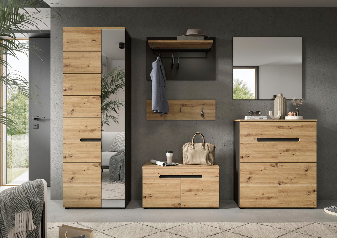 Home affaire Garderoben-Set Rehat, Garderobenkombination, Breite 255cm, (Set, 6-St., Garderobenschrank, Sitzbank, Paneel, Hakenleiste, Spiegel, Kommode), Garder – Bild 2 von 5