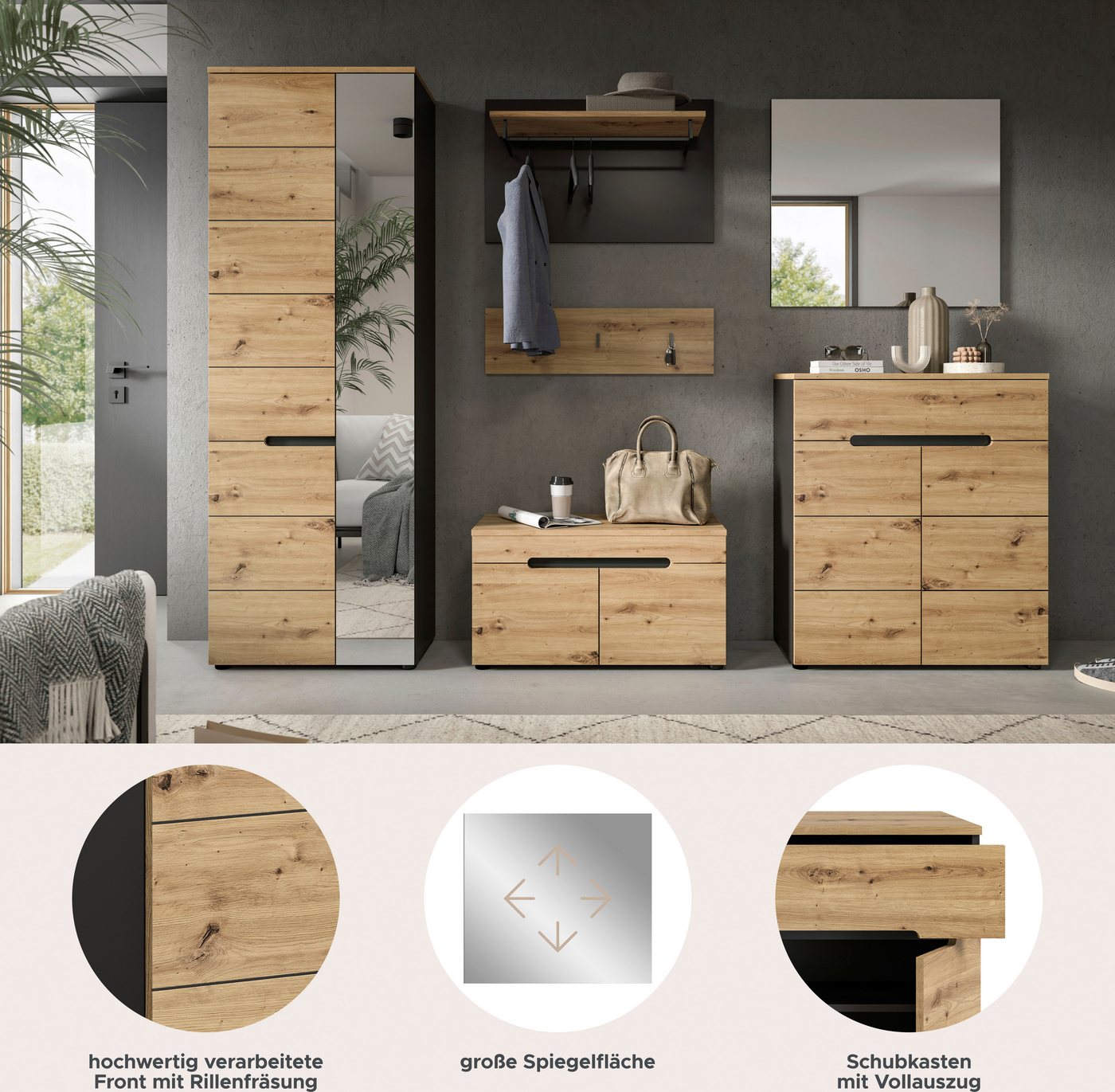 Home affaire Garderoben-Set Rehat, Garderobenkombination, Breite 255cm, (Set, 6-St., Garderobenschrank, Sitzbank, Paneel, Hakenleiste, Spiegel, Kommode), Garder – Bild 3 von 5