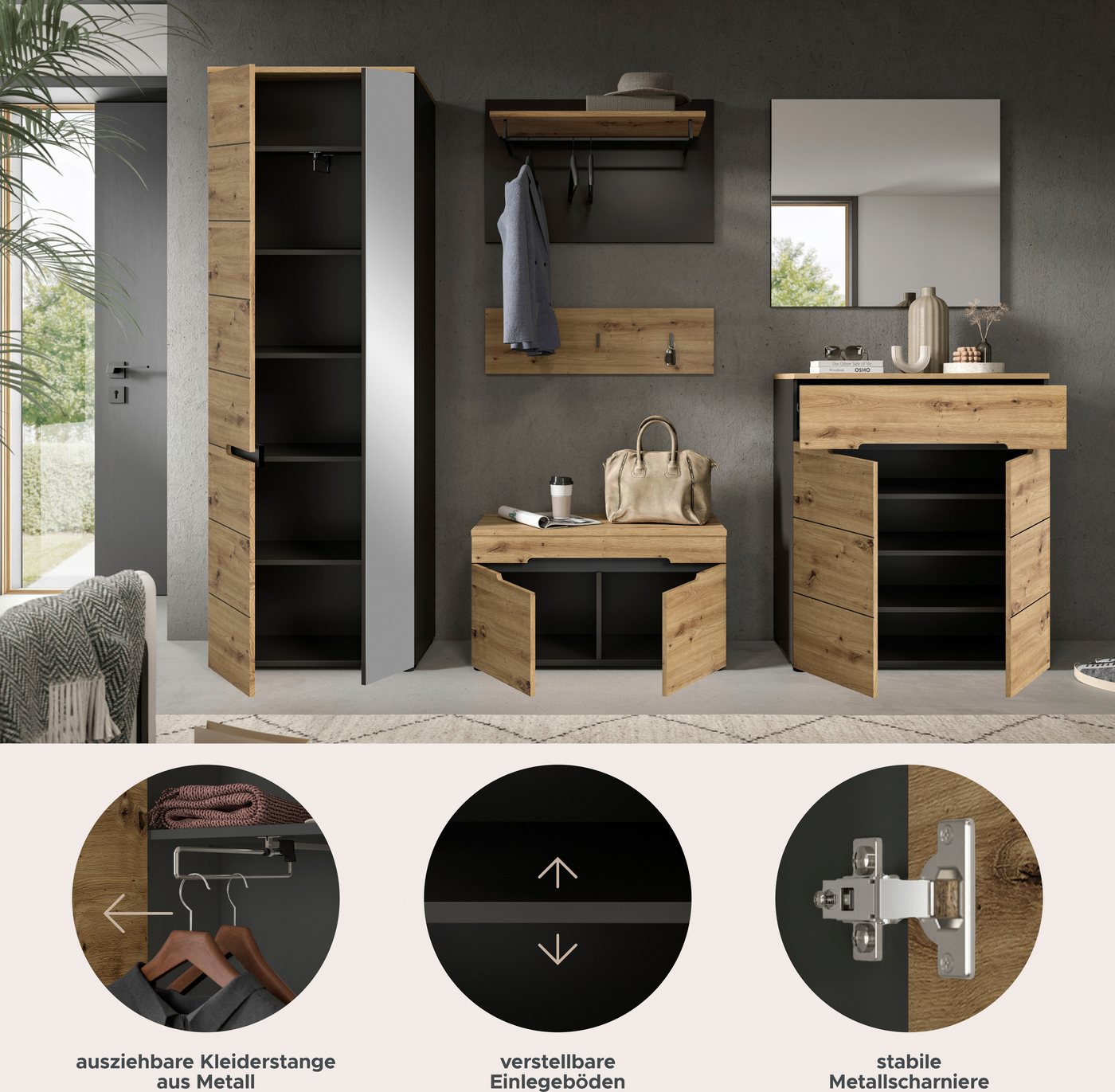 Home affaire Garderoben-Set Rehat, Garderobenkombination, Breite 255cm, (Set, 6-St., Garderobenschrank, Sitzbank, Paneel, Hakenleiste, Spiegel, Kommode), Garder – Bild 4 von 5