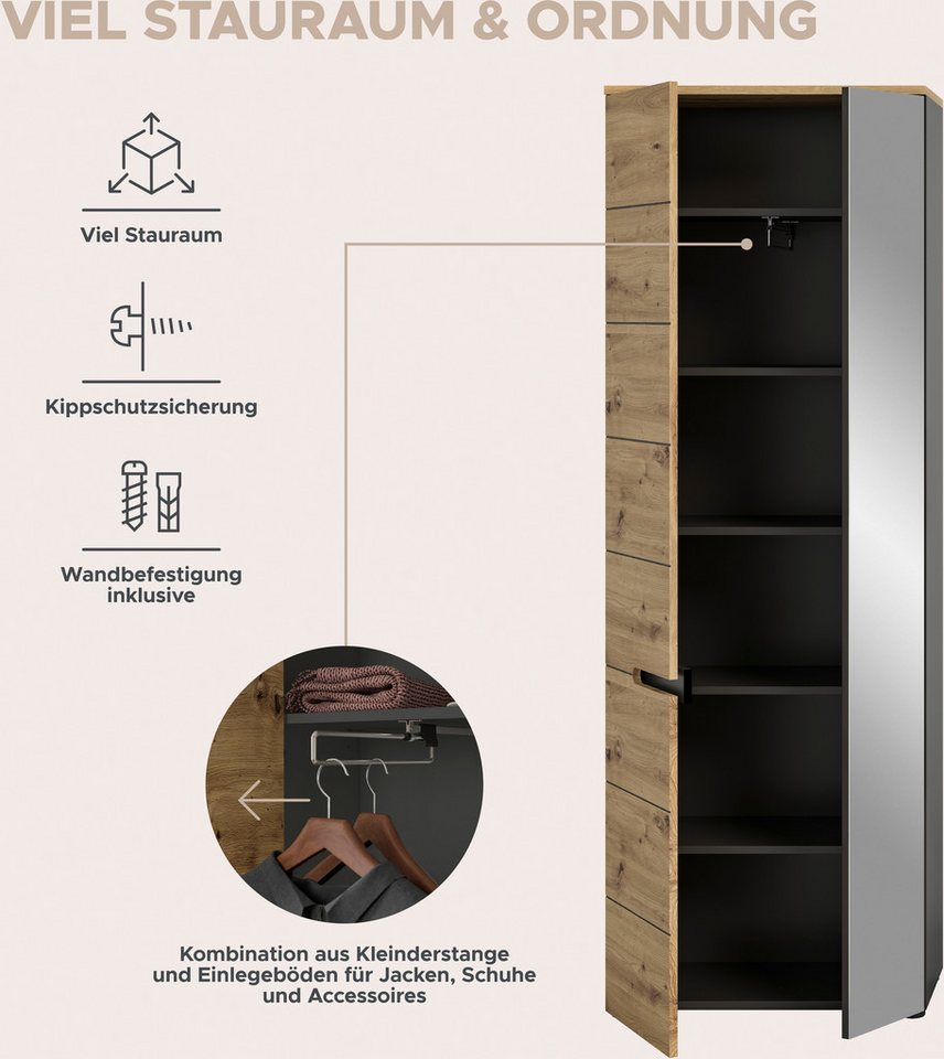 Home affaire Garderoben-Set Rehat, Garderobenkombination, Breite 255cm, (Set, 6-St., Garderobenschrank, Sitzbank, Paneel, Hakenleiste, Spiegel, Kommode), Garder – Bild 5 von 5