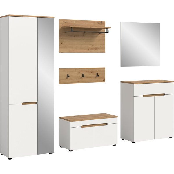 Home affaire Garderoben-Set Rehat, Garderobenkombination, Breite 255cm, (Set, 6-St., Garderobenschrank, Sitzbank, Paneel, Hakenleiste, Spiegel, Kommode), Garder