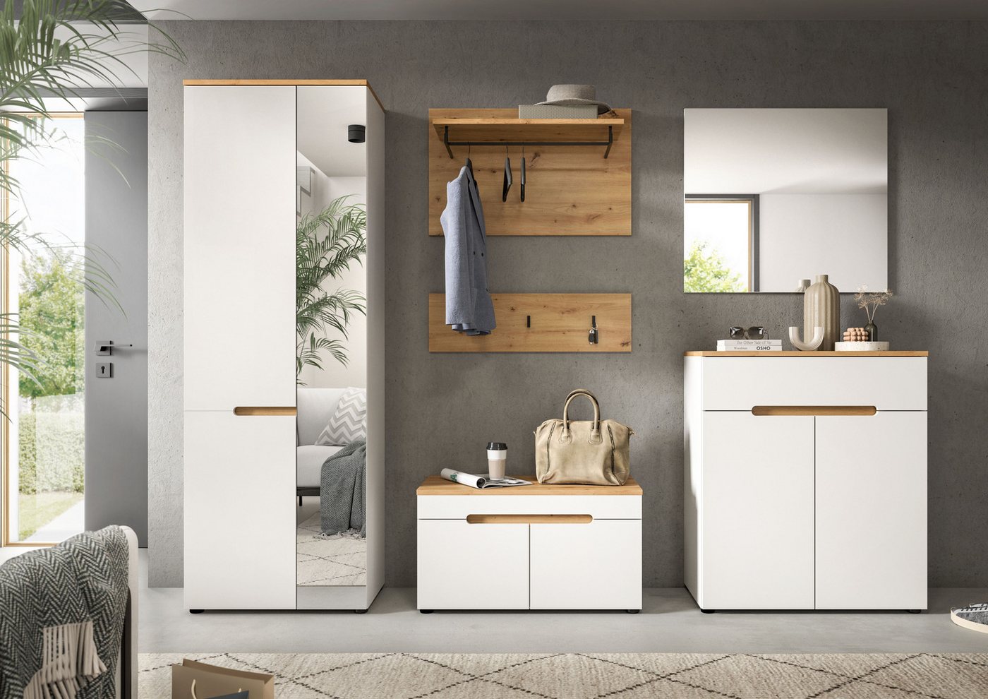 Home affaire Garderoben-Set Rehat, Garderobenkombination, Breite 255cm, (Set, 6-St., Garderobenschrank, Sitzbank, Paneel, Hakenleiste, Spiegel, Kommode), Garder – Bild 2 von 5
