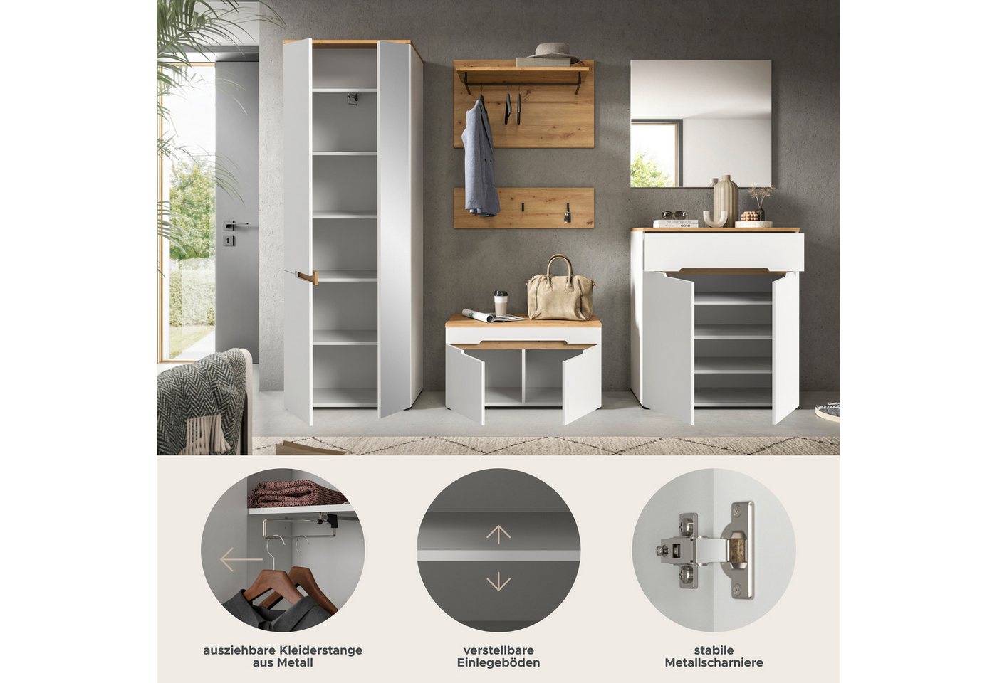Home affaire Garderoben-Set Rehat, Garderobenkombination, Breite 255cm, (Set, 6-St., Garderobenschrank, Sitzbank, Paneel, Hakenleiste, Spiegel, Kommode), Garder – Bild 4 von 5