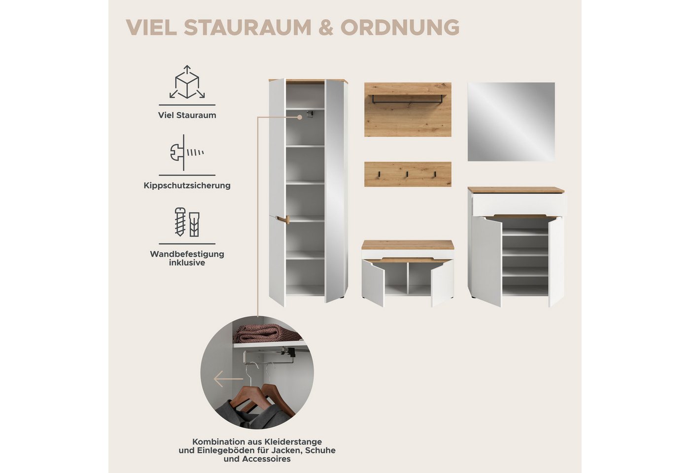 Home affaire Garderoben-Set Rehat, Garderobenkombination, Breite 255cm, (Set, 6-St., Garderobenschrank, Sitzbank, Paneel, Hakenleiste, Spiegel, Kommode), Garder – Bild 5 von 5
