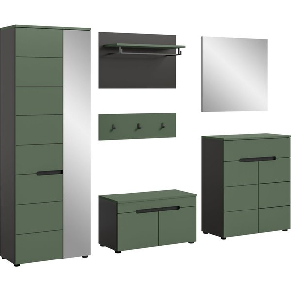 Home affaire Garderoben-Set Rehat, Garderobenkombination, Breite 255cm, (Set, 6-St., Garderobenschrank, Sitzbank, Paneel, Hakenleiste, Spiegel, Kommode), Garder