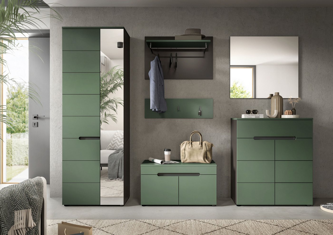Home affaire Garderoben-Set Rehat, Garderobenkombination, Breite 255cm, (Set, 6-St., Garderobenschrank, Sitzbank, Paneel, Hakenleiste, Spiegel, Kommode), Garder – Bild 2 von 5