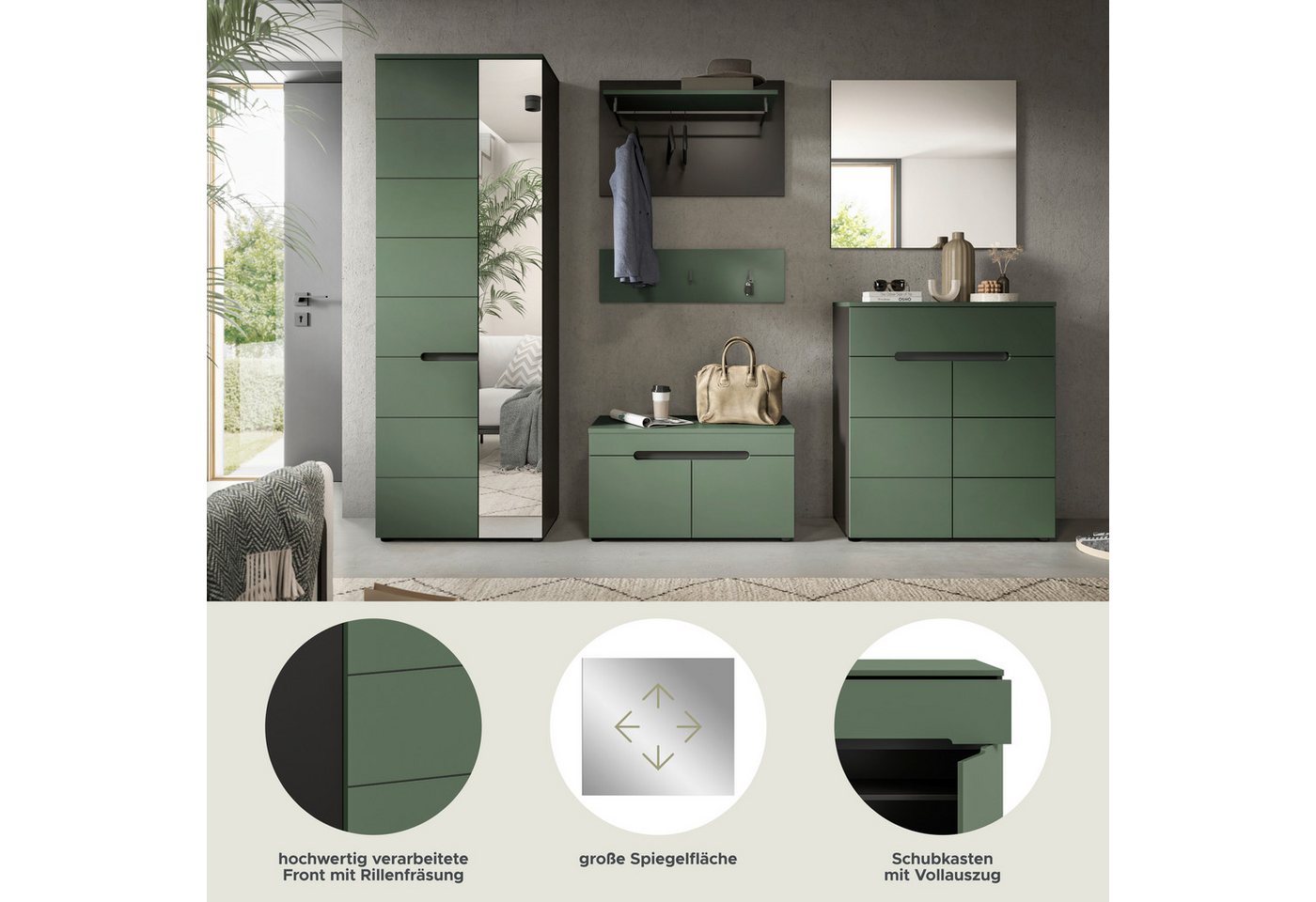 Home affaire Garderoben-Set Rehat, Garderobenkombination, Breite 255cm, (Set, 6-St., Garderobenschrank, Sitzbank, Paneel, Hakenleiste, Spiegel, Kommode), Garder – Bild 3 von 5