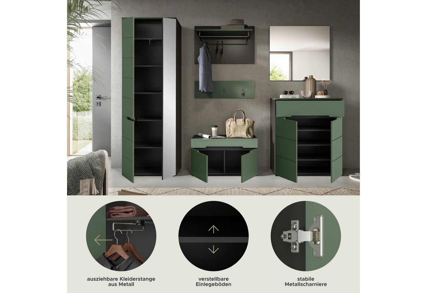 Home affaire Garderoben-Set Rehat, Garderobenkombination, Breite 255cm, (Set, 6-St., Garderobenschrank, Sitzbank, Paneel, Hakenleiste, Spiegel, Kommode), Garder – Bild 4 von 5