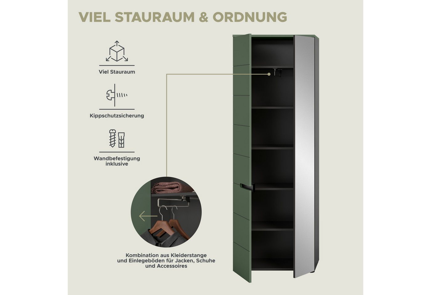 Home affaire Garderoben-Set Rehat, Garderobenkombination, Breite 255cm, (Set, 6-St., Garderobenschrank, Sitzbank, Paneel, Hakenleiste, Spiegel, Kommode), Garder – Bild 5 von 5