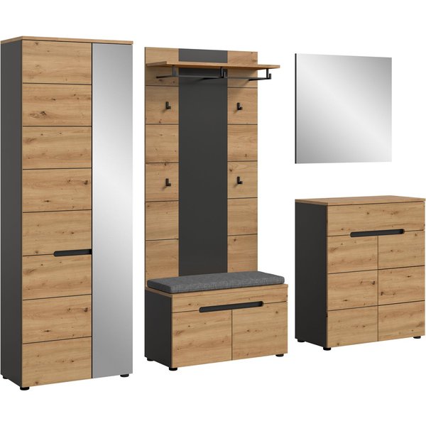 Home affaire Garderoben-Set REHAT, TOPSELLER!, 5-teilig, Breite 255 cm, individuell erweiterbar, (Set, 6-St., bestehend aus: Schrank, Sitzbank, Sitzkissen, Pane