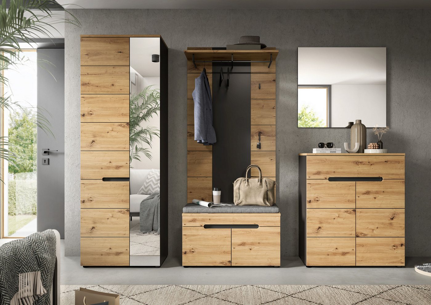 Home affaire Garderoben-Set REHAT, TOPSELLER!, 5-teilig, Breite 255 cm, individuell erweiterbar, (Set, 6-St., bestehend aus: Schrank, Sitzbank, Sitzkissen, Pane – Bild 2 von 5