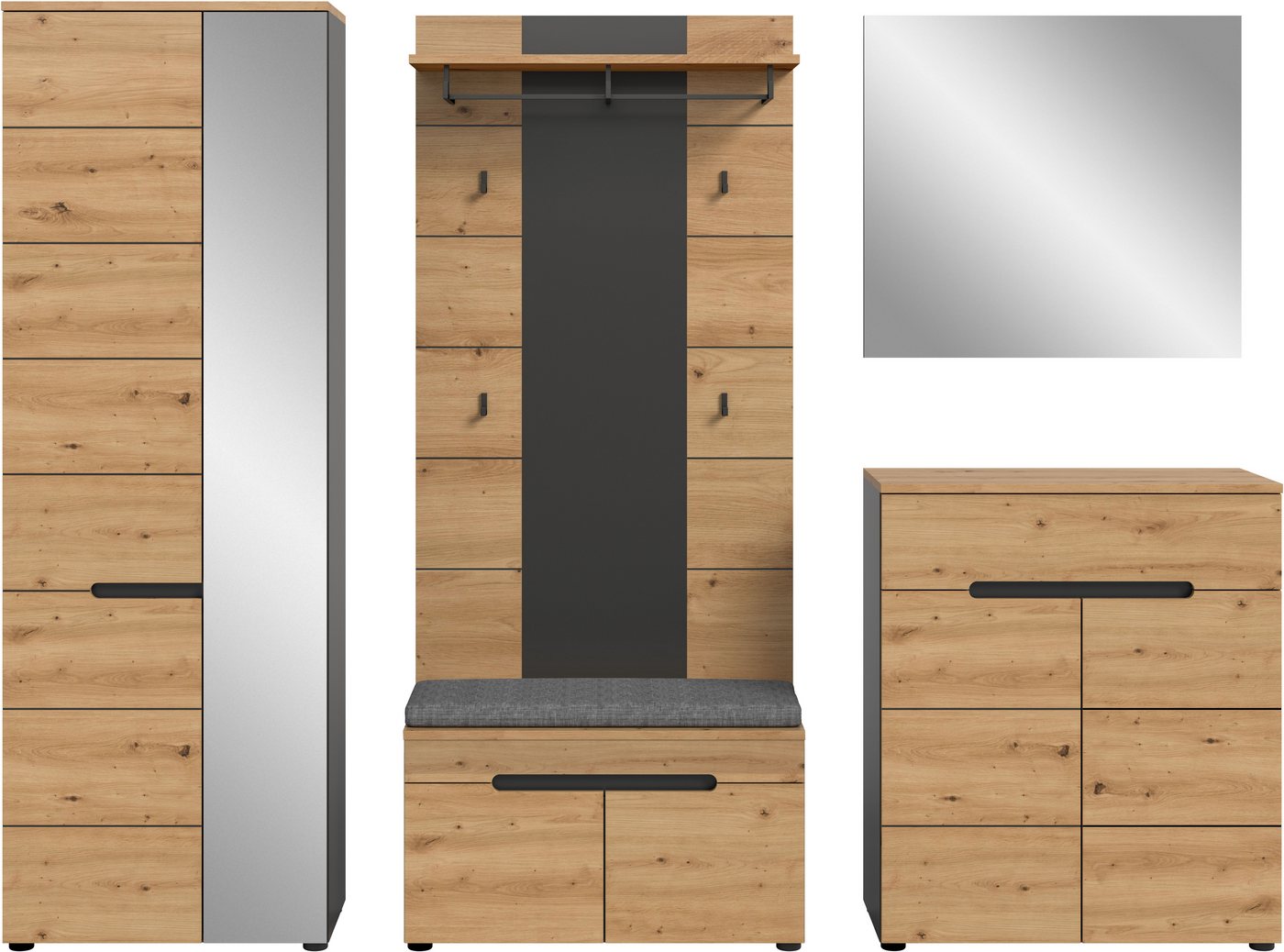 Home affaire Garderoben-Set REHAT, TOPSELLER!, 5-teilig, Breite 255 cm, individuell erweiterbar, (Set, 6-St., bestehend aus: Schrank, Sitzbank, Sitzkissen, Pane – Bild 3 von 5