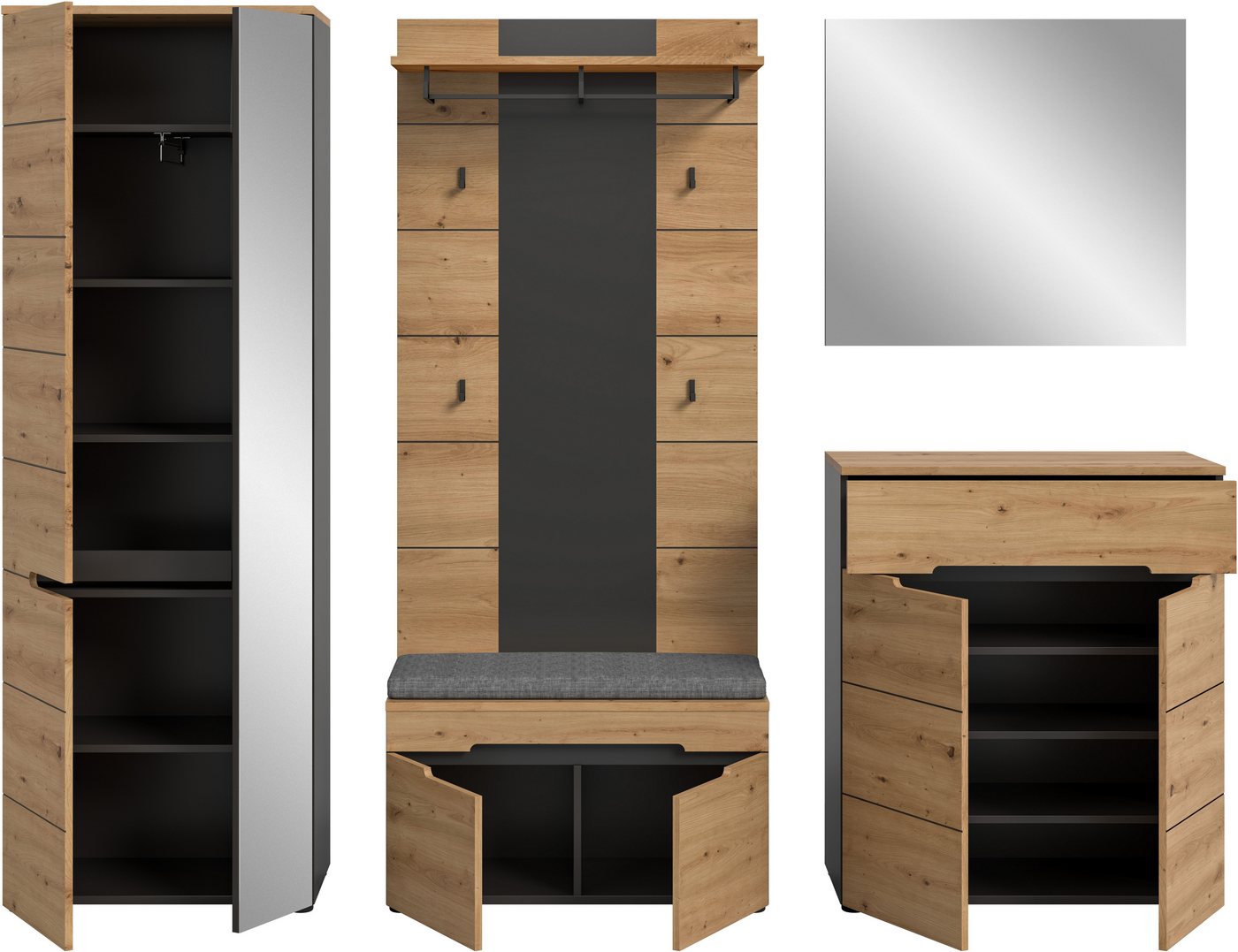 Home affaire Garderoben-Set REHAT, TOPSELLER!, 5-teilig, Breite 255 cm, individuell erweiterbar, (Set, 6-St., bestehend aus: Schrank, Sitzbank, Sitzkissen, Pane – Bild 4 von 5