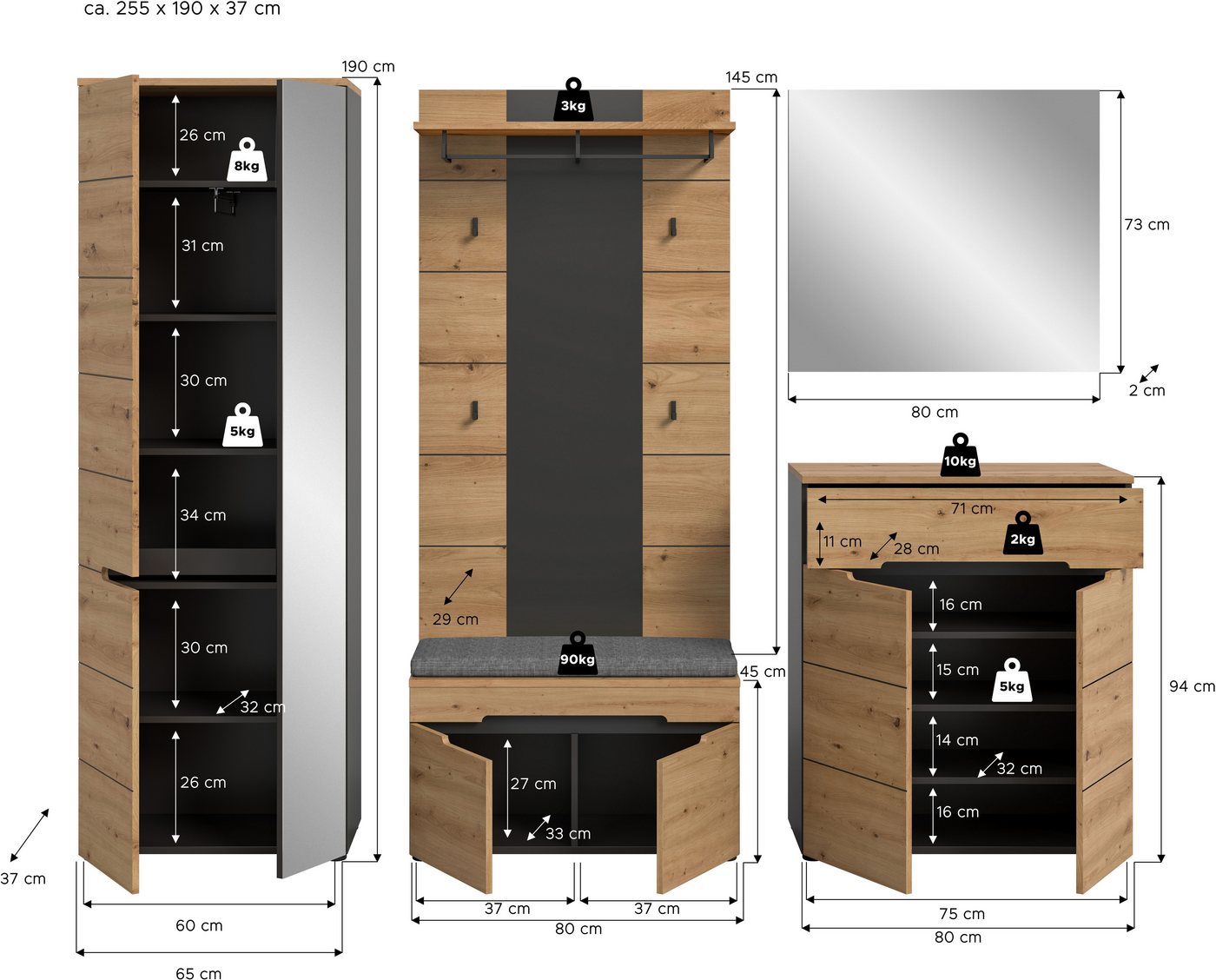 Home affaire Garderoben-Set REHAT, TOPSELLER!, 5-teilig, Breite 255 cm, individuell erweiterbar, (Set, 6-St., bestehend aus: Schrank, Sitzbank, Sitzkissen, Pane – Bild 5 von 5