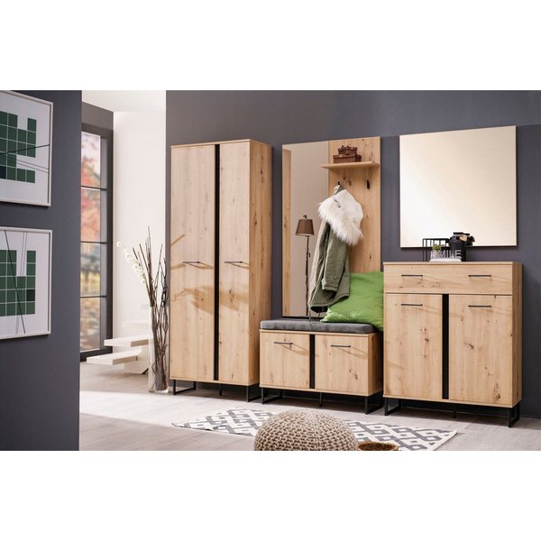 Home affaire Garderoben-Set Sardinia 5-teiliges Set mit Spiegel in Eiche mit schwarzen Elementen, (Set, 5-St., Garderobenschrank, Schuhkommode, Schuhbank, Garde