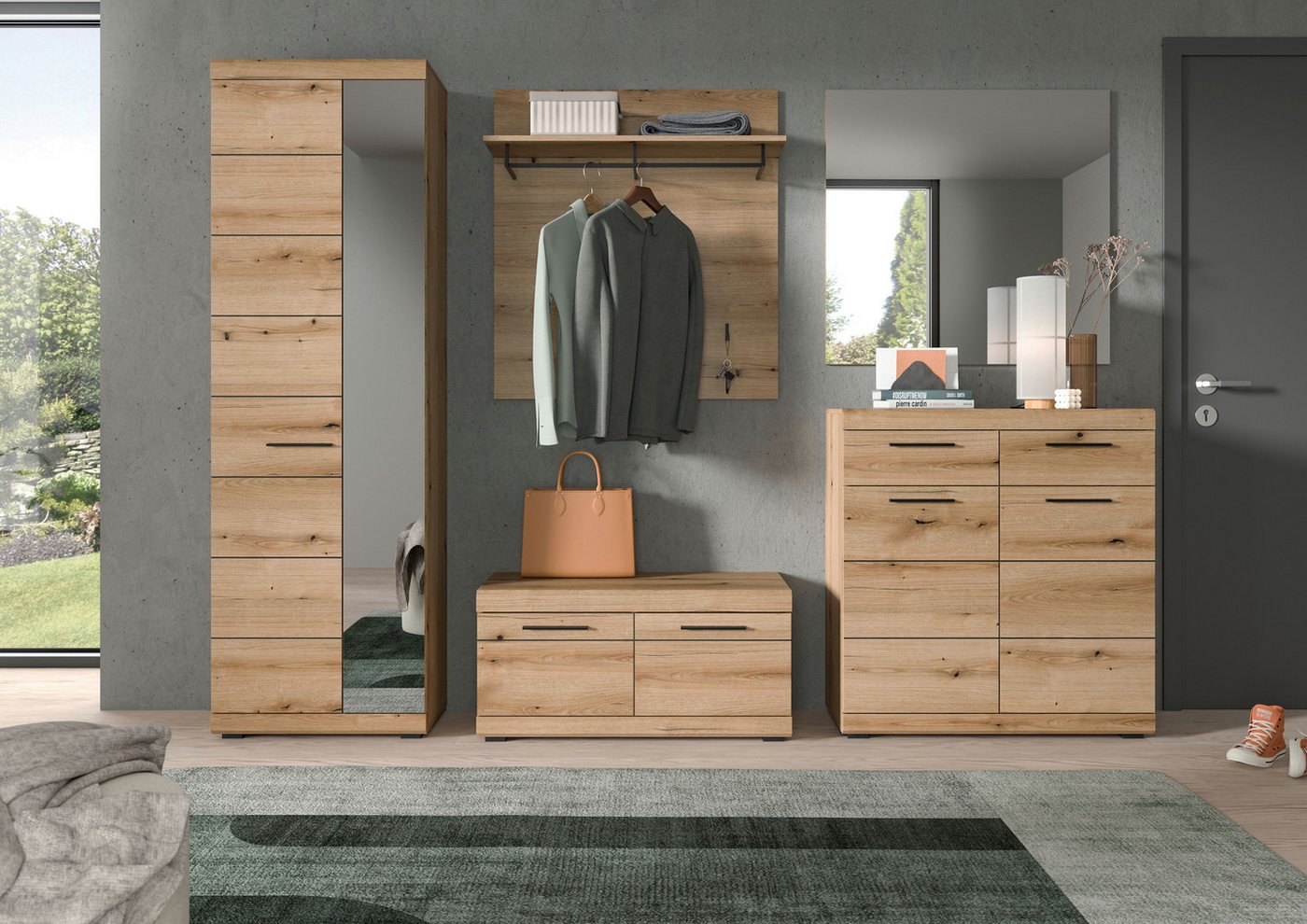 Home affaire Garderoben-Set SIENA, Breite 272 cm, 5-teiliges Set, individuell stellbar, (Komplett-Set, 5-St., best.aus: Garderobenschrank, Sitzbank, Paneel, Sch – Bild 2 von 5