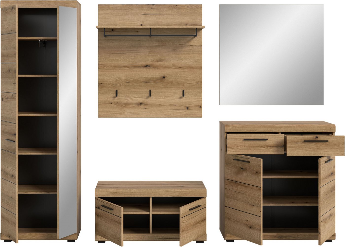 Home affaire Garderoben-Set SIENA, Breite 272 cm, 5-teiliges Set, individuell stellbar, (Komplett-Set, 5-St., best.aus: Garderobenschrank, Sitzbank, Paneel, Sch – Bild 4 von 5