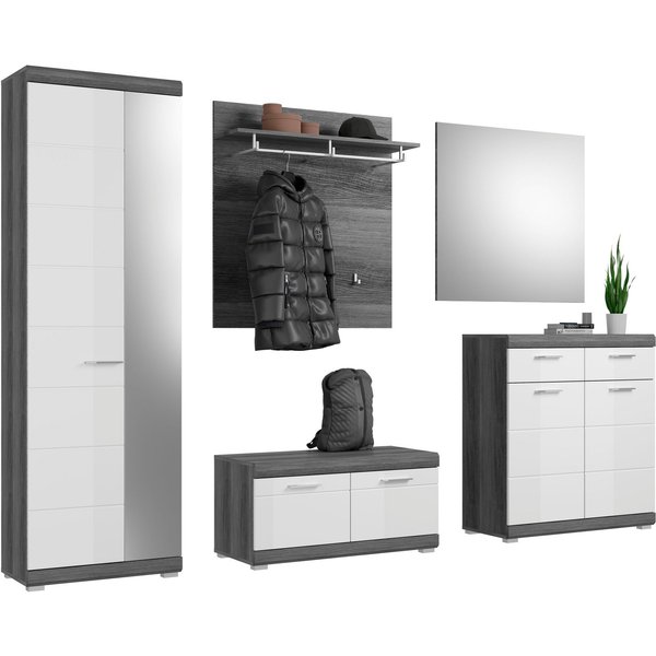 Home affaire Garderoben-Set SIENA, Breite 272 cm, 5-teiliges Set, individuell stellbar, (Komplett-Set, 3-St., best.aus: Garderobenschrank, Sitzbank, Paneel, Sch