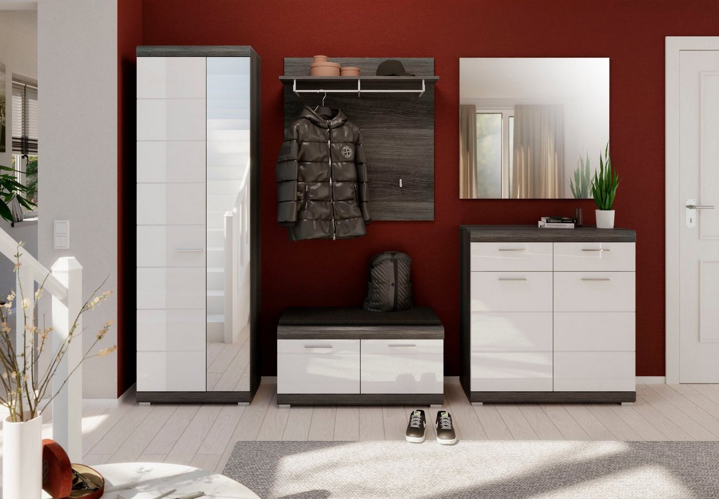 Home affaire Garderoben-Set SIENA, Breite 272 cm, 5-teiliges Set, individuell stellbar, (Komplett-Set, 3-St., best.aus: Garderobenschrank, Sitzbank, Paneel, Sch – Bild 2 von 5