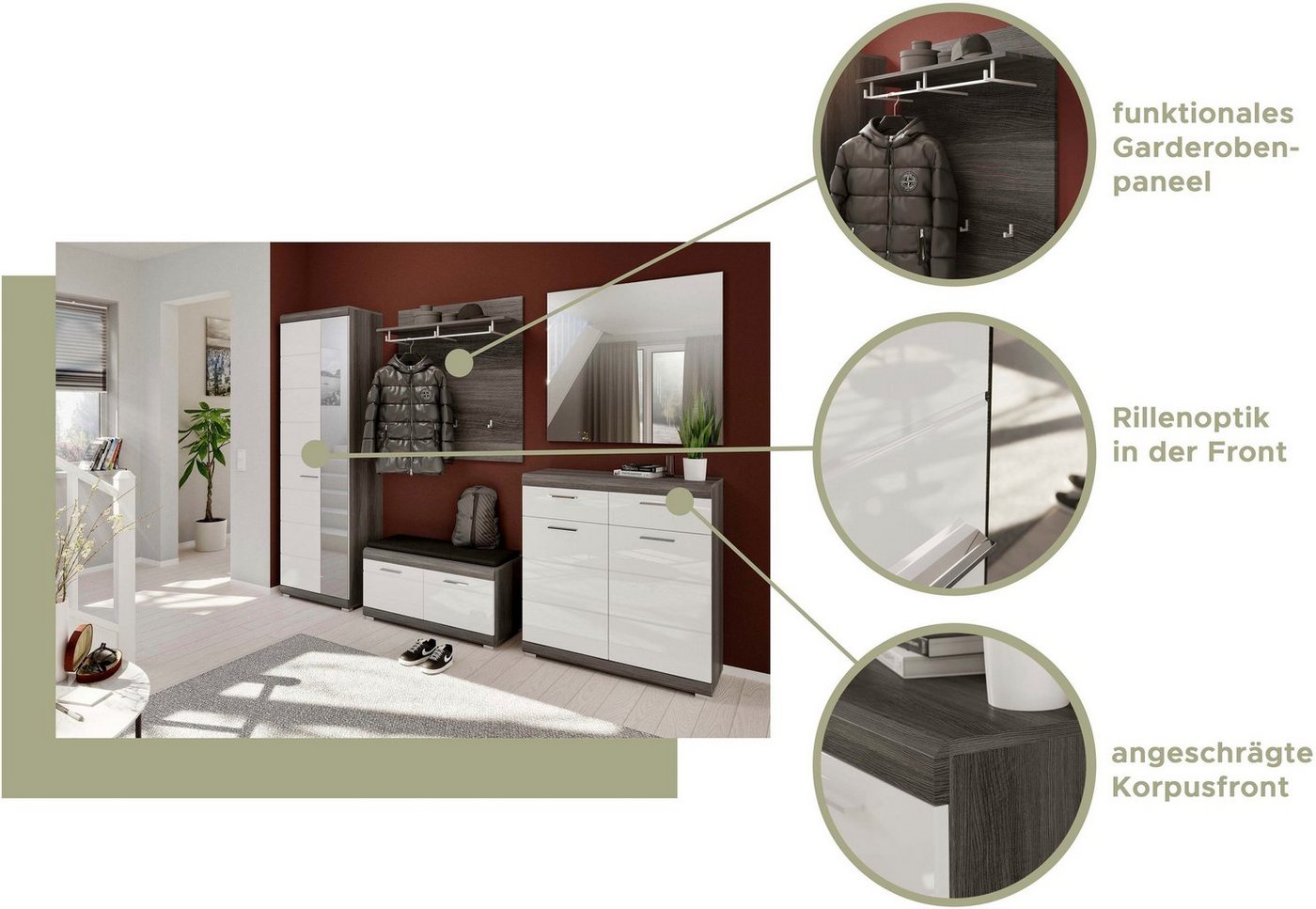Home affaire Garderoben-Set SIENA, Breite 272 cm, 5-teiliges Set, individuell stellbar, (Komplett-Set, 3-St., best.aus: Garderobenschrank, Sitzbank, Paneel, Sch – Bild 3 von 5