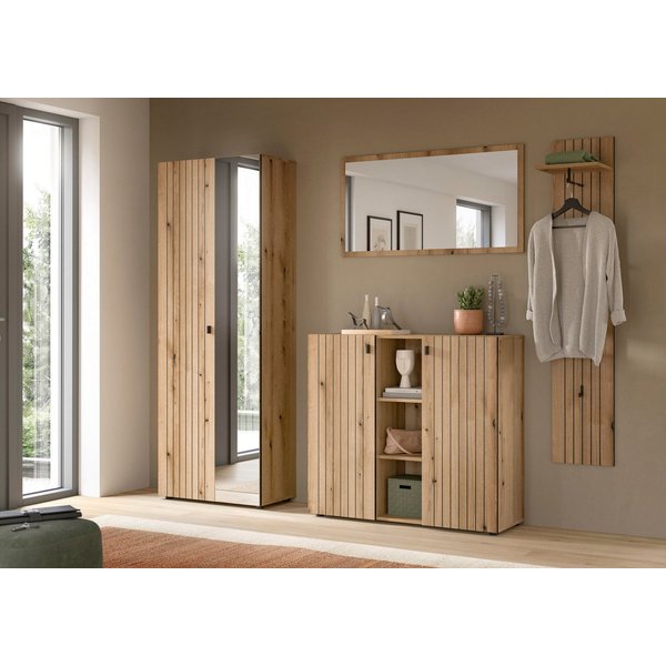 Home affaire Garderoben-Set TATIO, 4-tlg. Garderobenkombination, Breite: 237 cm, Rillenfräsung, (Set, 4-St., 1 Spiegel, 1 Garderobenschrank, 1 Schuhkommode, 1 G