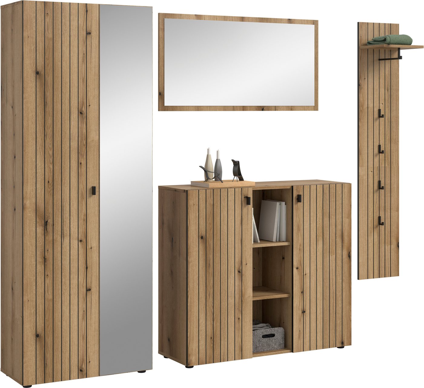 Home affaire Garderoben-Set TATIO, 4-tlg. Garderobenkombination, Breite: 237 cm, Rillenfräsung, (Set, 4-St., 1 Spiegel, 1 Garderobenschrank, 1 Schuhkommode, 1 G – Bild 3 von 5