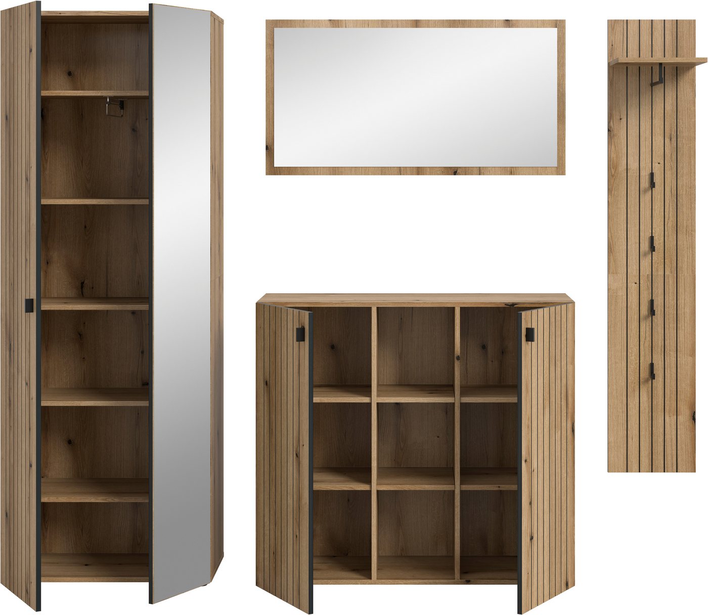 Home affaire Garderoben-Set TATIO, 4-tlg. Garderobenkombination, Breite: 237 cm, Rillenfräsung, (Set, 4-St., 1 Spiegel, 1 Garderobenschrank, 1 Schuhkommode, 1 G – Bild 4 von 5