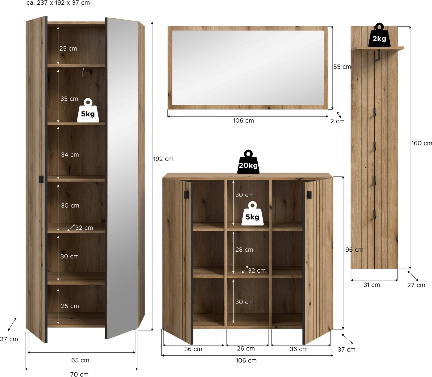 Home affaire Garderoben-Set TATIO, 4-tlg. Garderobenkombination, Breite: 237 cm, Rillenfräsung, (Set, 4-St., 1 Spiegel, 1 Garderobenschrank, 1 Schuhkommode, 1 G – Bild 5 von 5