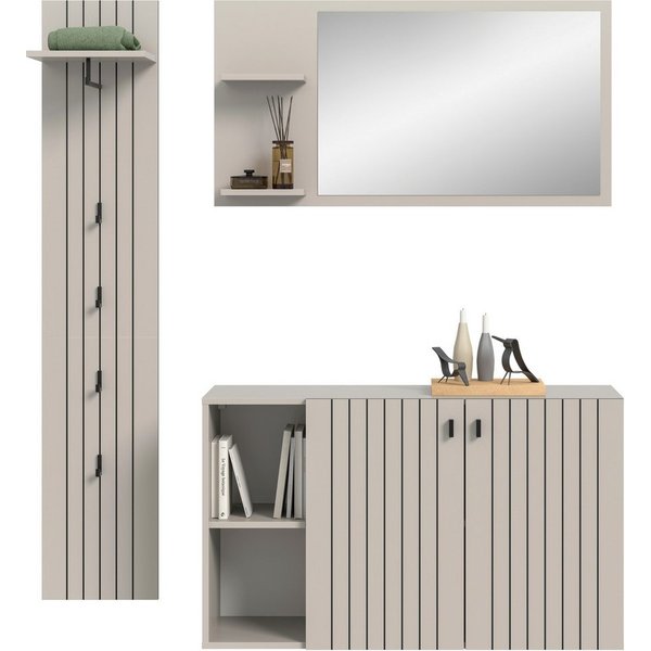 Home affaire Garderoben-Set TATIO, 3-tlg. Garderobenkombination, Breite: 152 cm Rillenfräsung, (Set, 3-St., Set, best. aus: 1 Spiegel, 1 Garderobenpaneel, 1 Sch