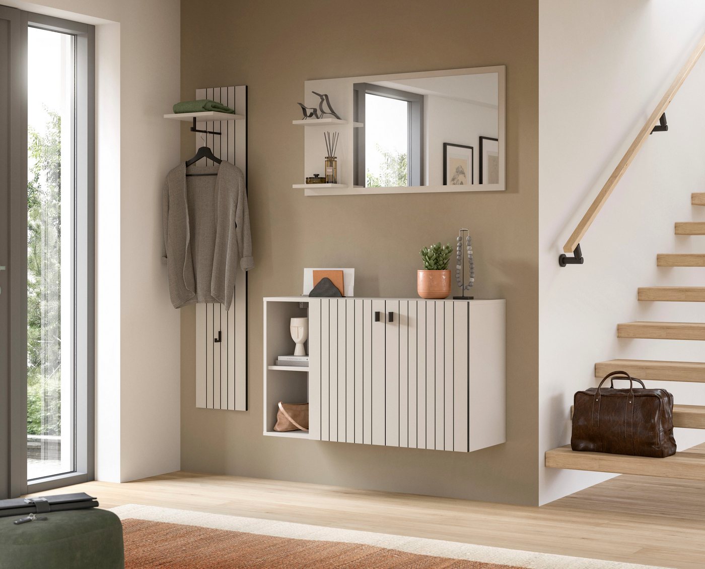 Home affaire Garderoben-Set TATIO, 3-tlg. Garderobenkombination, Breite: 152 cm Rillenfräsung, (Set, 3-St., Set, best. aus: 1 Spiegel, 1 Garderobenpaneel, 1 Sch – Bild 2 von 5