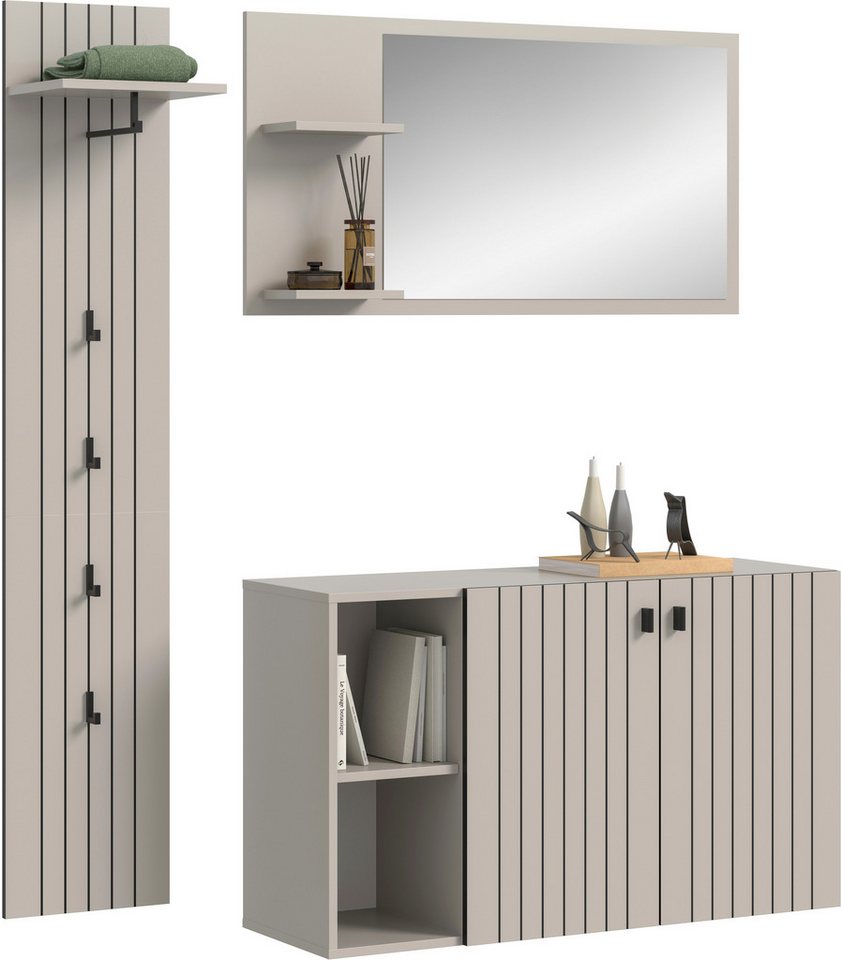 Home affaire Garderoben-Set TATIO, 3-tlg. Garderobenkombination, Breite: 152 cm Rillenfräsung, (Set, 3-St., Set, best. aus: 1 Spiegel, 1 Garderobenpaneel, 1 Sch – Bild 3 von 5