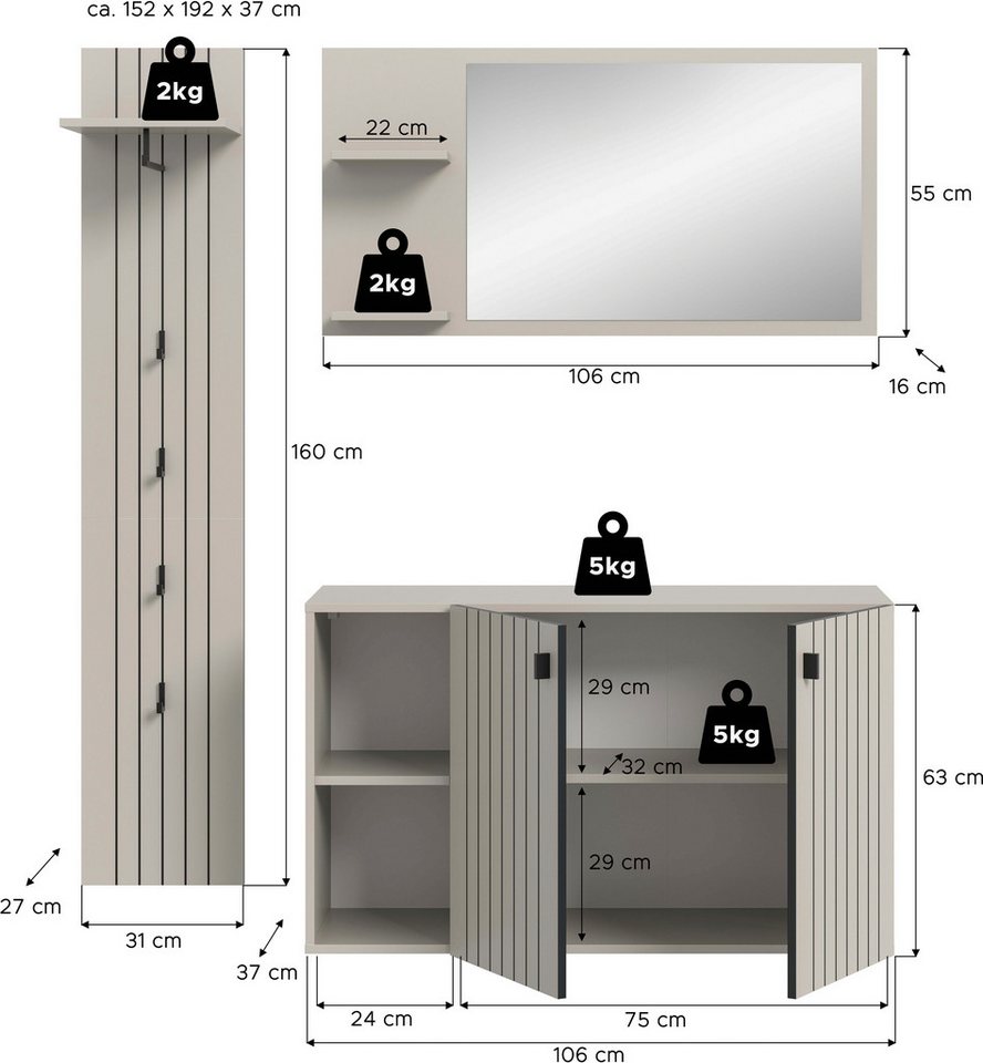 Home affaire Garderoben-Set TATIO, 3-tlg. Garderobenkombination, Breite: 152 cm Rillenfräsung, (Set, 3-St., Set, best. aus: 1 Spiegel, 1 Garderobenpaneel, 1 Sch – Bild 5 von 5
