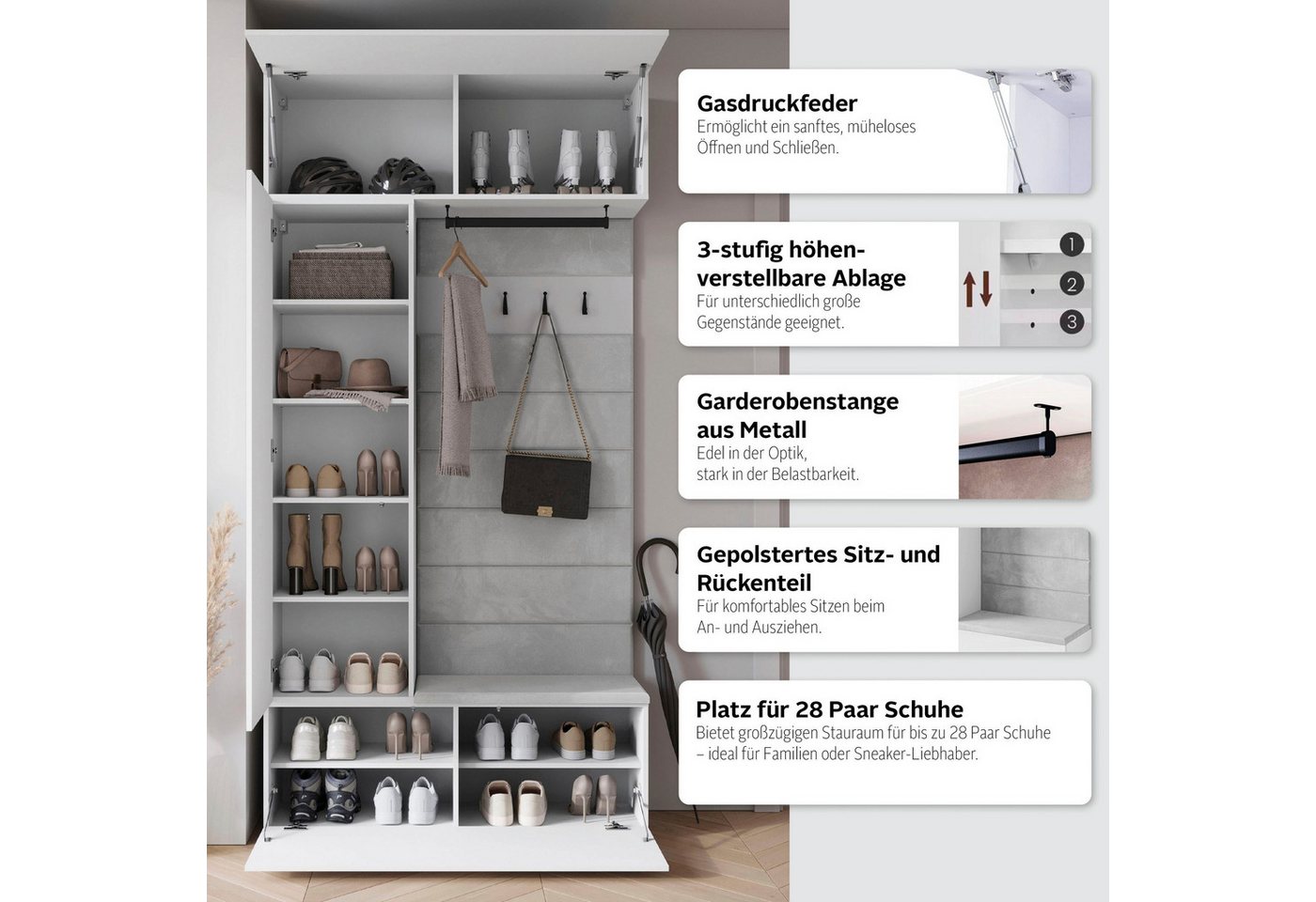 Home affaire Garderoben-Set TEJO, (Komplett-Set, 1-St., mit Spiegel und gepolsterte Sitzbank), Spiegel Schrank Element flexibel links/rechts einsetzbar – Bild 3 von 5