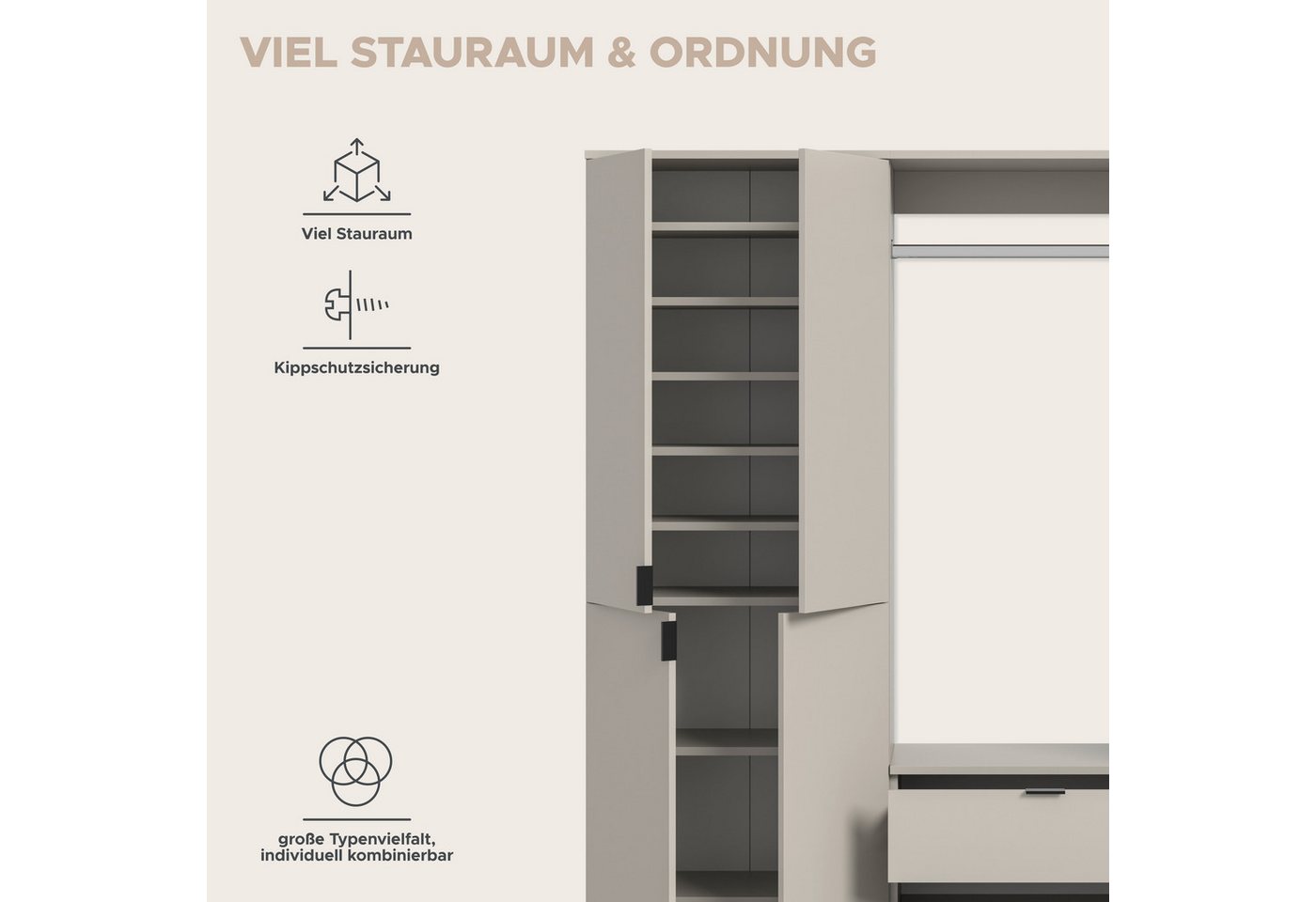 Home affaire Garderoben-Set TRONDHEIM, 5-teilig, Breite 152cm, individuell platzier- & erweiterbar, (Set, 4-St., bestehend aus: 2x Garderobenschrank & 3-tlgs. Z – Bild 5 von 5