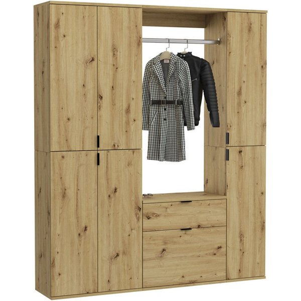Home affaire Garderoben-Set TRONDHEIM, 5-teilig, Breite 152cm, individuell platzier- & erweiterbar, (Set, 4-St., bestehend aus: 2x Garderobenschrank & 3-tlgs. Z