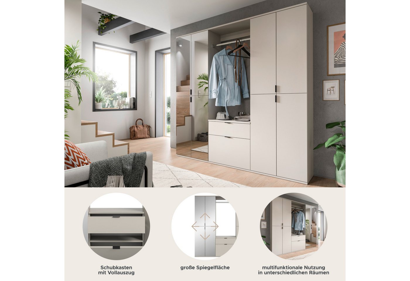 Home affaire Garderoben-Set TRONDHEIM, 5-teilig, Breite 183cm, individuell platzier- & erweiterbar, (Set, 4-St., bestehend aus: 2x Garderobenschrank breit & 3-t – Bild 4 von 5