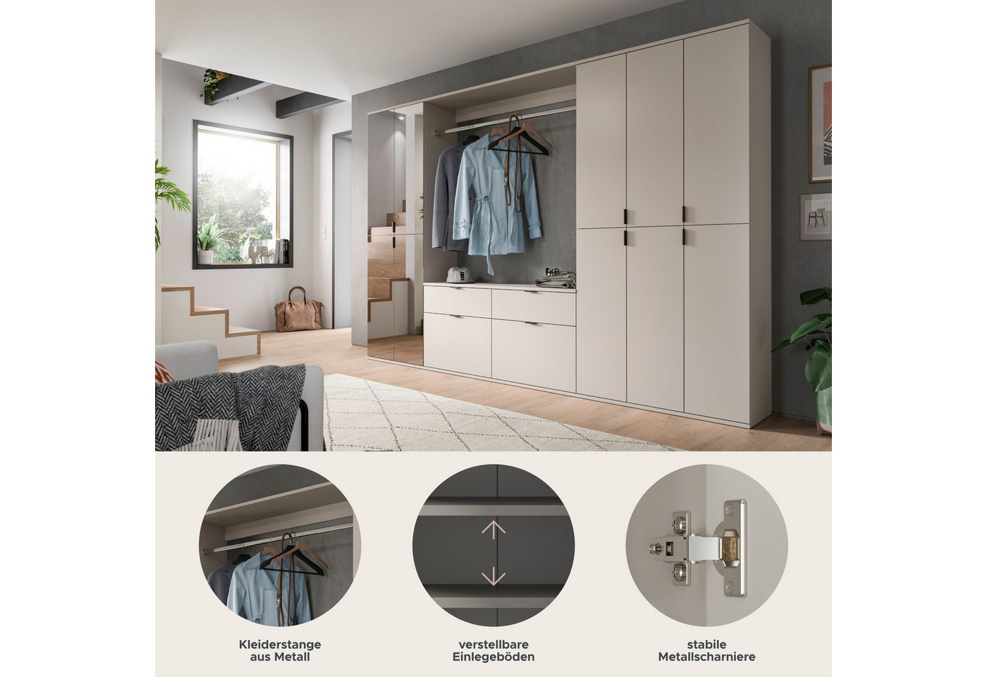 Home affaire Garderoben-Set TRONDHEIM, 6-teilig, Breite 273cm, individuell platzier- & erweiterbar, (Set, 5-St., bestehend aus: 3x Garderobenschrank & 3-tlgs. Z – Bild 4 von 5