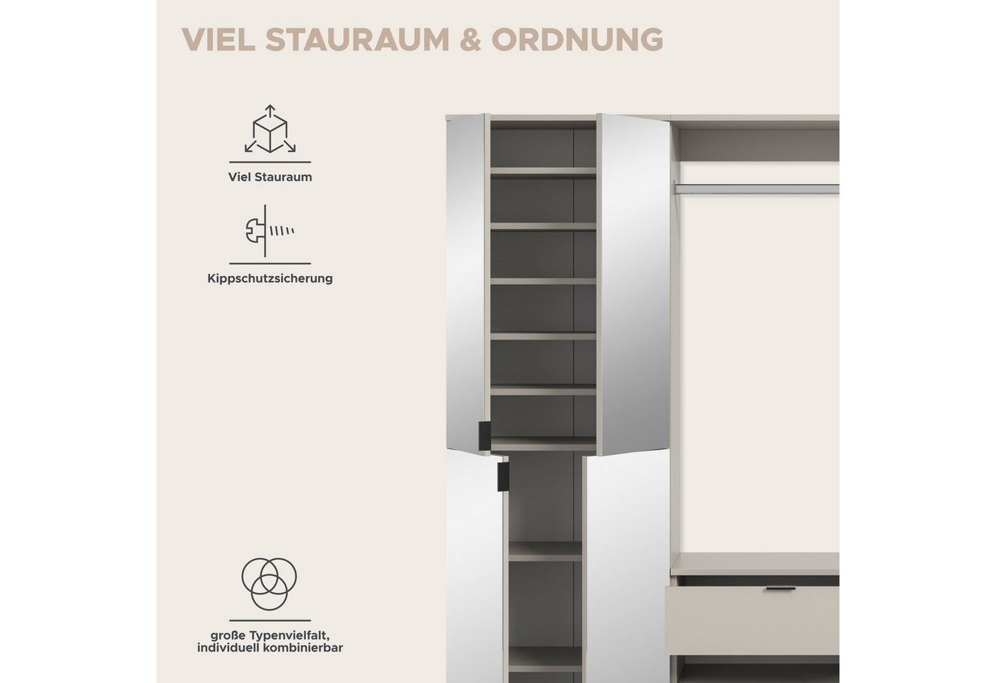 Home affaire Garderoben-Set TRONDHEIM, 6-teilig, Breite 273cm, individuell platzier- & erweiterbar, (Set, 5-St., bestehend aus: 3x Garderobenschrank & 3-tlgs. Z – Bild 5 von 5