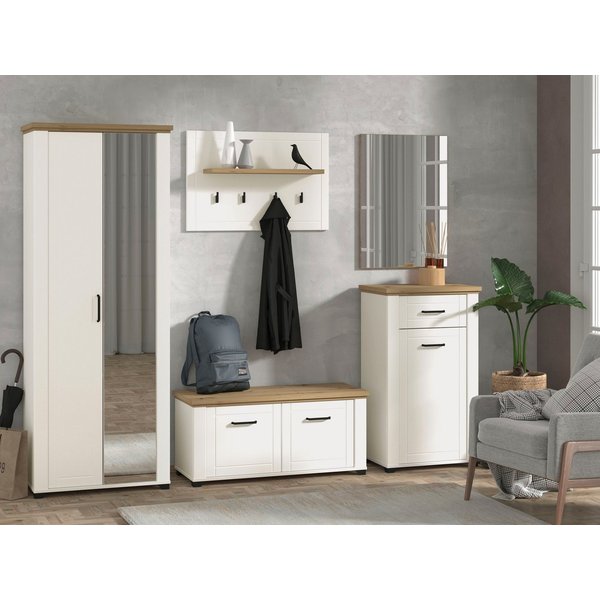 Home affaire Garderoben-Set Valencia 5-teiliges Set mit Spiegel und Kleiderhaken, (Set, 5-St., Garderobenschrank, Schuhkommode, Schuhbank, Garderobenpaneel, Spi