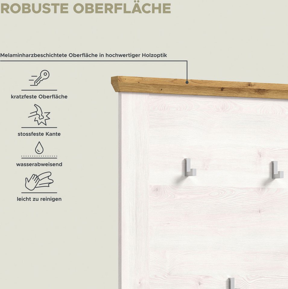 Home affaire Garderobenpaneel COSENZA, Höhe 103 cm, 5 Garderobenhaken, 2-farbig, in Landhausoptik, Wandpaneel, Paneel, Wandhaken – Bild 4 von 5