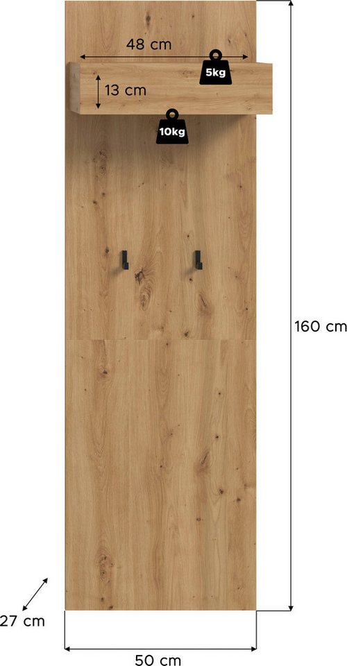 Home affaire Garderobenpaneel EVRID, Höhe 160 cm, inkl. 2 Metall-Haken, Kleiderstnage und Hutablage (1 St., individuell mit anderen Artikel der Serie EVRID erwe – Bild 5 von 5