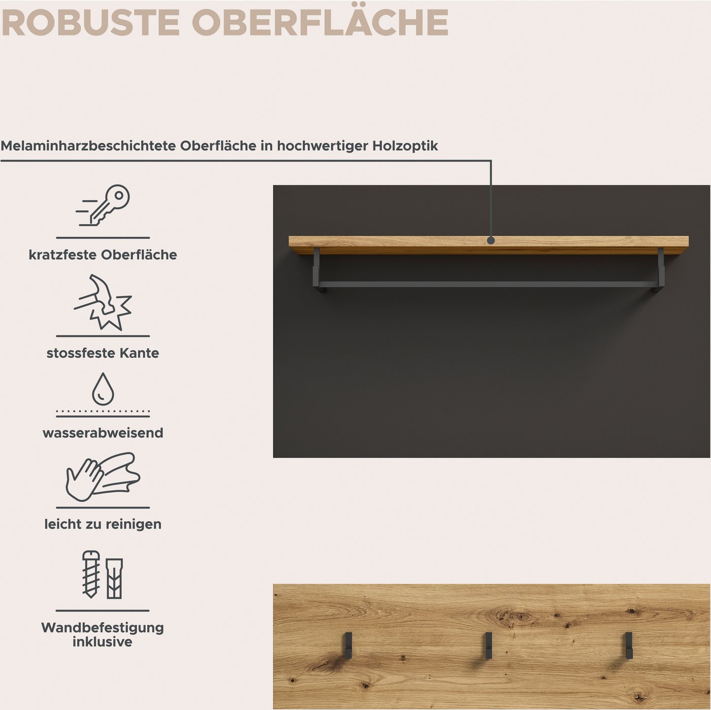Home affaire Garderobenpaneel REHAT, TOPSELLER!, 2-teilig, bestehend aus: Paneel & Hakenleiste (1 St., in verschiedenen Farben erhältlich), Paneel, Hakenleiste, – Bild 4 von 5
