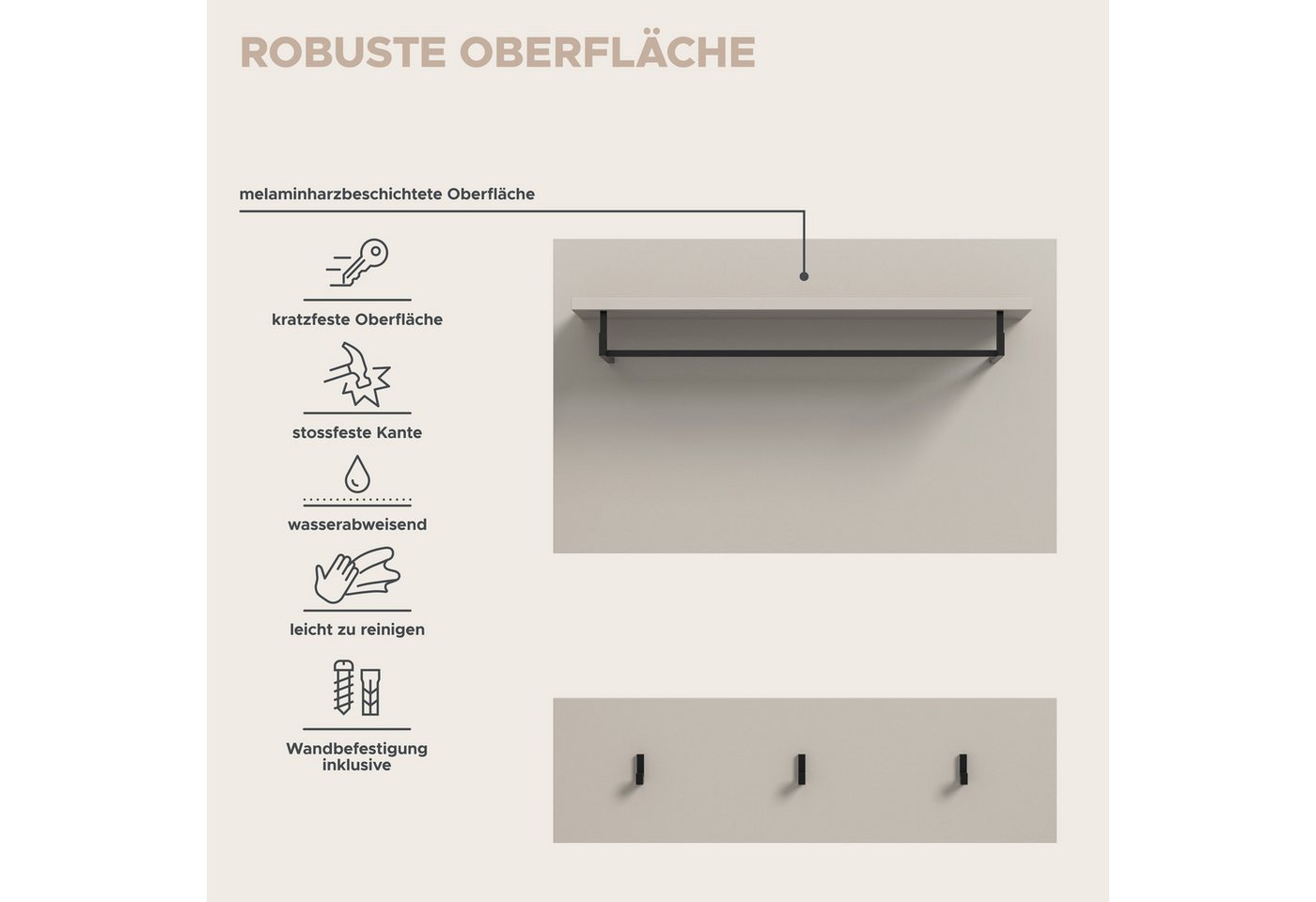 Home affaire Garderobenpaneel REHAT, TOPSELLER!, 2-teilig, bestehend aus: Paneel & Hakenleiste (1 St., in verschiedenen Farben erhältlich), Paneel, Hakenleiste, – Bild 4 von 5